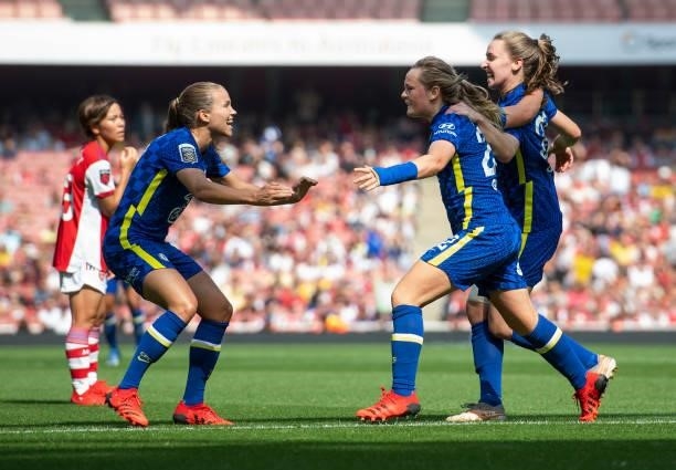 Erin Cuthbert of Chelsea celebrates her goal Guro Reiten and Niamh Charles during the Barclays FA Women's Super League match between Arsenal Women...