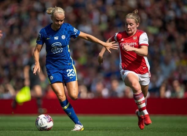 Pernille Mosegaard-Harder of Chelsea and Kim Little of Arsenal during the Barclays FA Women's Super League match between Arsenal Women and Chelsea...