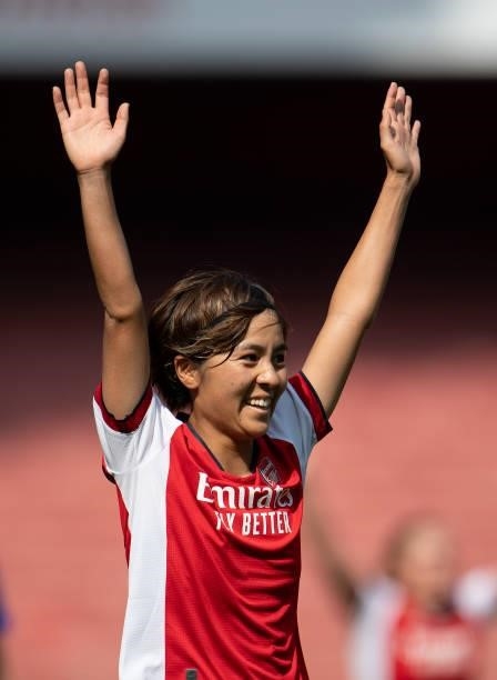 Mana Iwabuchi of Arsenal celebrates after assisting Beth Mead's second goal during the Barclays FA Women's Super League match between Arsenal Women...
