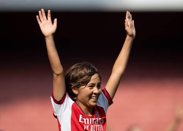 Mana Iwabuchi of Arsenal celebrates after assisting Beth Mead's second goal during the Barclays FA Women's Super League match between Arsenal Women...