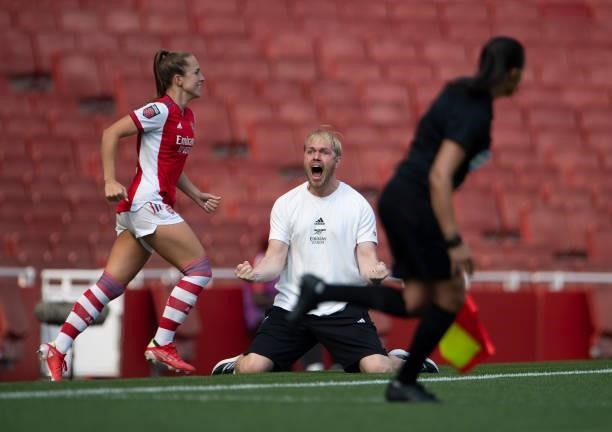 Arsenal Head Coach Jonas Eidevall celebrates victory in the Barclays FA Women's Super League match between Arsenal Women and Chelsea Women at...