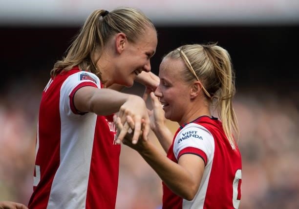 Beth Mead of Arsenal celebrates scoring her second goal with Frida Maanum during the Barclays FA Women's Super League match between Arsenal Women and...