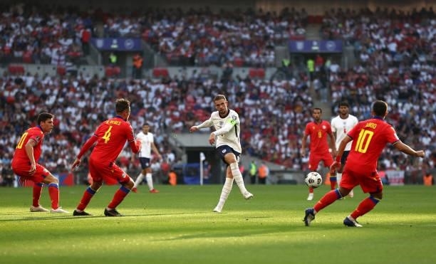 Jordan Henderson of England passes the ball during the 2022 FIFA World Cup Qualifier match between England and Andorra at Wembley Stadium on...