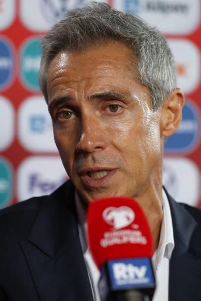 Paulo Sousa Head coach of Poland reacts during a press interview following the final whistle of the 2022 FIFA World Cup Qualifier match between San...