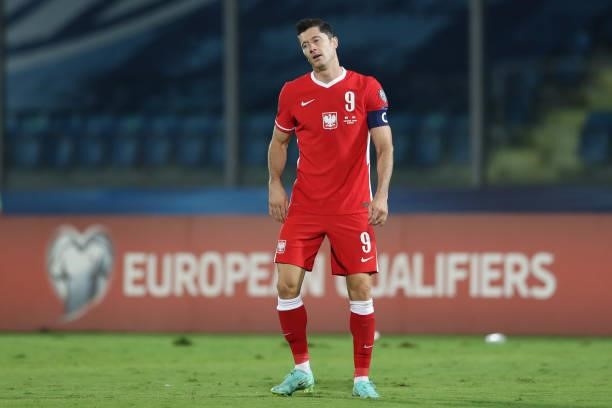 Robert Lewandowski of Poland reacts during the 2022 FIFA World Cup Qualifier match between San Marino and Poland at San Marino Stadium on September...