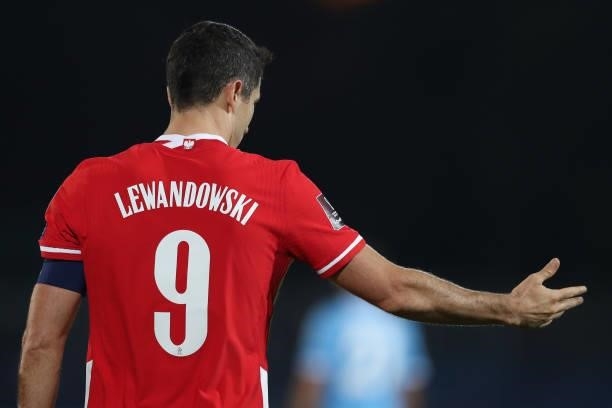 Robert Lewandowski of Poland reacts during the 2022 FIFA World Cup Qualifier match between San Marino and Poland at San Marino Stadium on September...