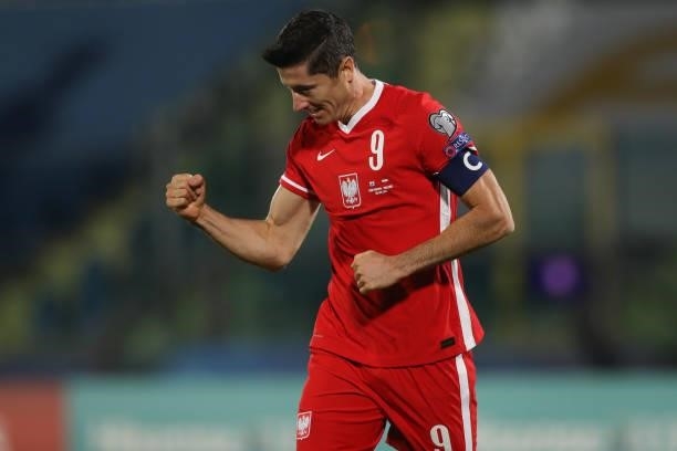 Robert Lewandowski of Poland celebrates after scoring to give the side a 3-0 lead during the 2022 FIFA World Cup Qualifier match between San Marino...
