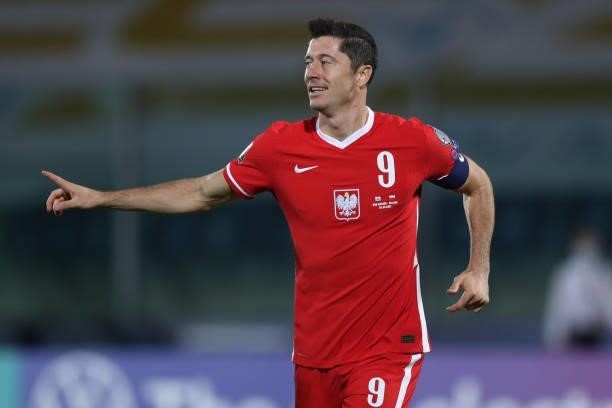 Robert Lewandowski of Poland celebrates after scoring to give the side a 3-0 lead during the 2022 FIFA World Cup Qualifier match between San Marino...