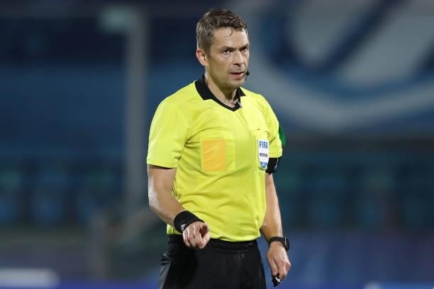 The referee Mattias Gestranius of Finland reacts during the 2022 FIFA World Cup Qualifier match between San Marino and Poland at San Marino Stadium...