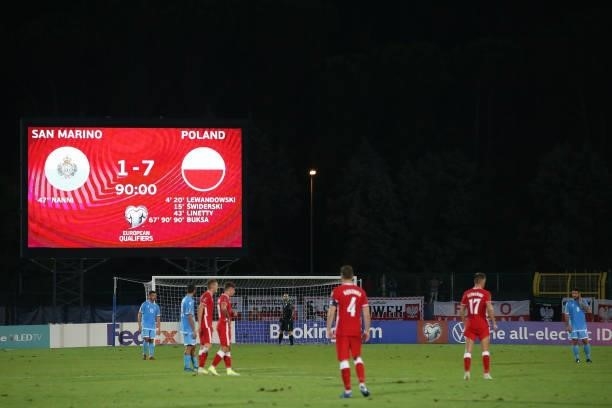 The scoreline is displayed on the stadium screen following the final whistle of the 2022 FIFA World Cup Qualifier match between San Marino and Poland...