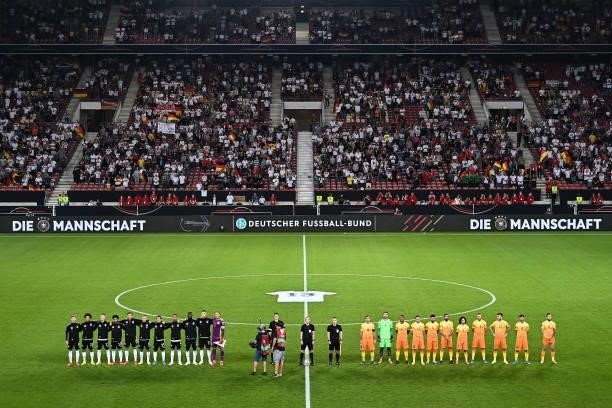 Line-up of the German an Armenian teams prior to the 2022 FIFA World Cup Qualifier match between Germany and Armenia at Mercedes Benz Arena on...