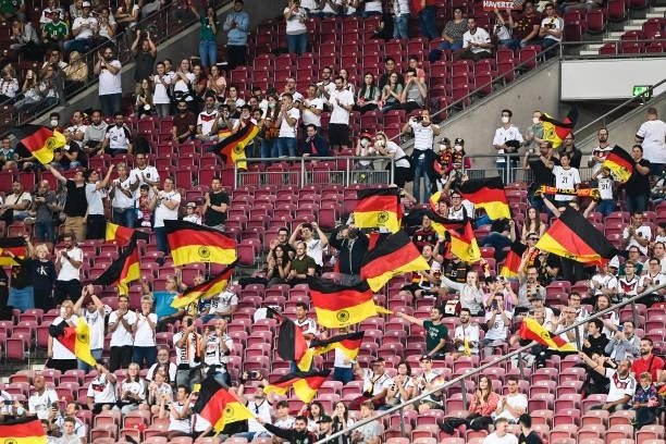 Fans of Germany cheering during the 2022 FIFA World Cup Qualifier match between Germany and Armenia at Mercedes Benz Arena on September 05, 2021 in...
