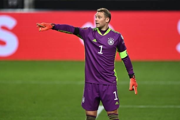 Torwart Manuel Neuer of Germany gives his team instructions during the 2022 FIFA World Cup Qualifier match between Germany and Armenia at Mercedes...