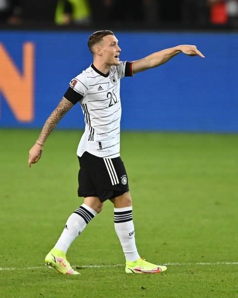 David Raum of Germany gives his team instructions during the 2022 FIFA World Cup Qualifier match between Germany and Armenia at Mercedes Benz Arena...