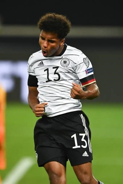 Karim Adeyemi of Germany celebrates his team's sixth goal during the 2022 FIFA World Cup Qualifier match between Germany and Armenia at Mercedes Benz...