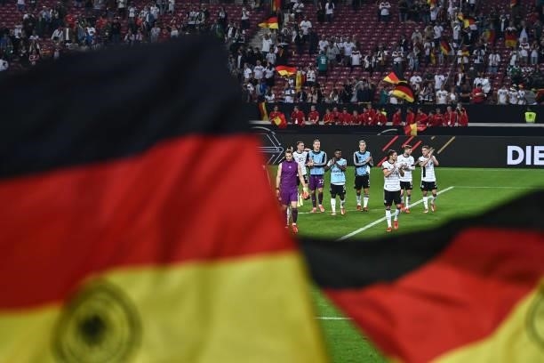 The German team shows appreciation to the fans after the 2022 FIFA World Cup Qualifier match between Germany and Armenia at Mercedes Benz Arena on...