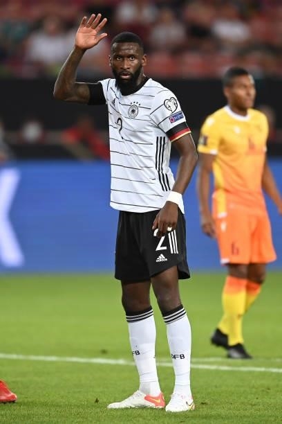 Antonio Ruediger of Germany gives his team instructions during the 2022 FIFA World Cup Qualifier match between Germany and Armenia at Mercedes Benz...