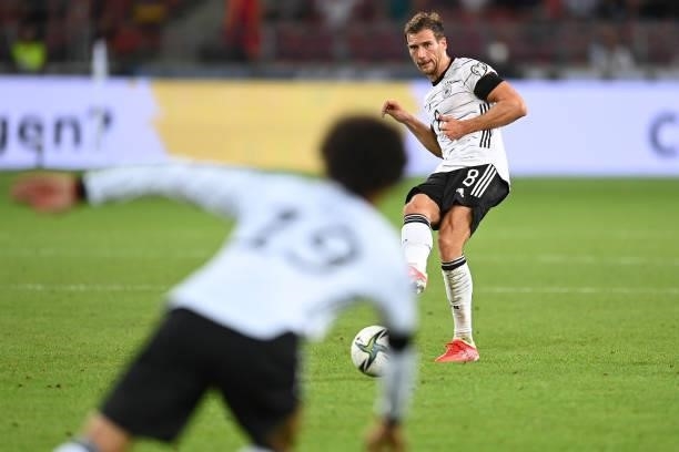 Leon Goretzka of Germany passes the ball during the 2022 FIFA World Cup Qualifier match between Germany and Armenia at Mercedes Benz Arena on...
