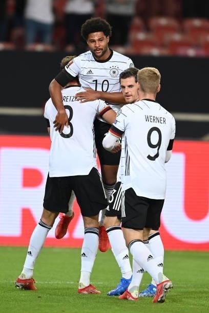 Leon Goretzka, Serge Gnabry, Jonas Hofmann, Timo Werner of Germany celebrates their team's third goal during the 2022 FIFA World Cup Qualifier match...