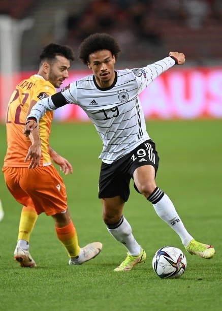 Leroy Sane of Germany runs with the ball during the 2022 FIFA World Cup Qualifier match between Germany and Armenia at Mercedes Benz Arena on...