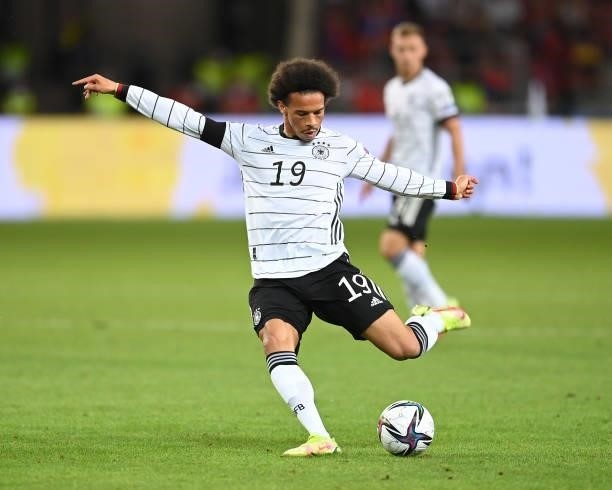 Leroy Sane of Germany shoots during the 2022 FIFA World Cup Qualifier match between Germany and Armenia at Mercedes Benz Arena on September 05, 2021...