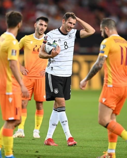 Leon Goretzka of Germany looks on during the 2022 FIFA World Cup Qualifier match between Germany and Armenia at Mercedes Benz Arena on September 05,...