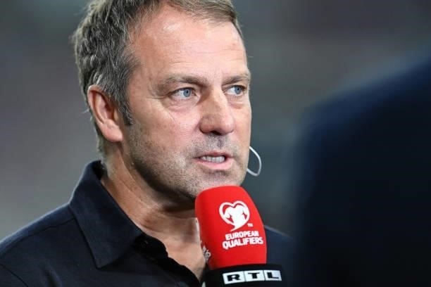 Head Coach Hansi Flick of Germany gives an interview prior to the 2022 FIFA World Cup Qualifier match between Germany and Armenia at Mercedes Benz...