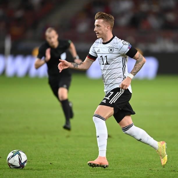 Marco Reus of Germany controls the ball during the 2022 FIFA World Cup Qualifier match between Germany and Armenia at Mercedes Benz Arena on...
