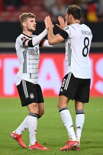 Timo Werner and Leon Goretzka of Germany celebrates their team's fourth goal during the 2022 FIFA World Cup Qualifier match between Germany and...