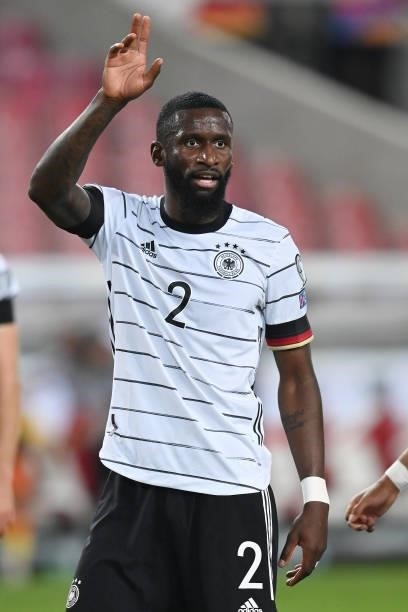 Antonio Ruediger of Germany gives his team instructions during the 2022 FIFA World Cup Qualifier match between Germany and Armenia at Mercedes Benz...