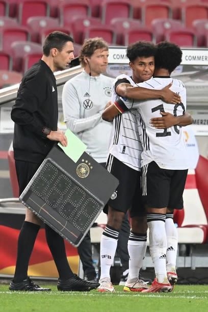 Substitution of Karim Adeyemi of Germany for Serge Gnabry od Germany during the 2022 FIFA World Cup Qualifier match between Germany and Armenia at...