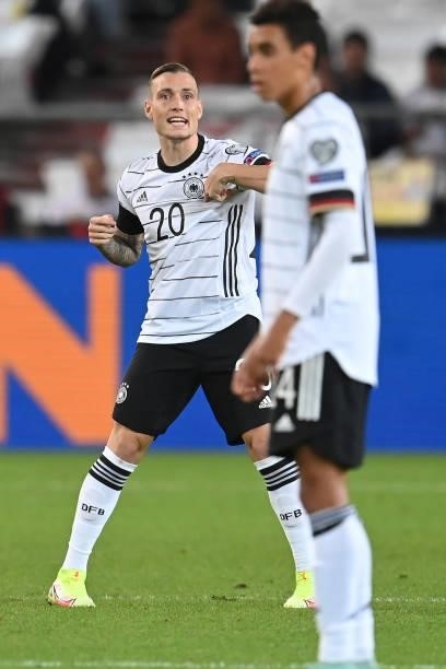 David Raum of Germany gives his team instructions during the 2022 FIFA World Cup Qualifier match between Germany and Armenia at Mercedes Benz Arena...