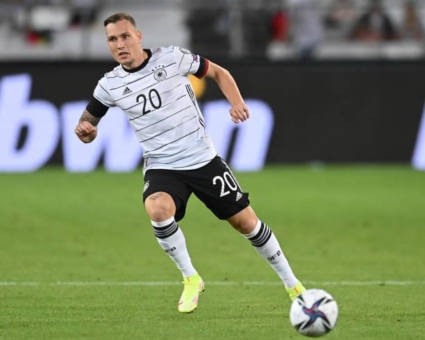 David Raum of Germany controls the ball during the 2022 FIFA World Cup Qualifier match between Germany and Armenia at Mercedes Benz Arena on...