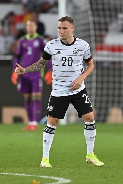 David Raum of Germany looks on during the 2022 FIFA World Cup Qualifier match between Germany and Armenia at Mercedes Benz Arena on September 05,...