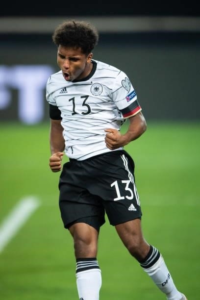 Karim Adeyemi of Germany celebrates his team's sixth goal during the 2022 FIFA World Cup Qualifier match between Germany and Armenia at Mercedes Benz...