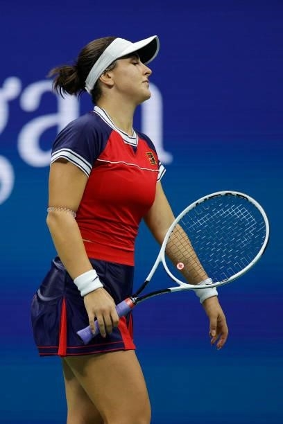 Bianca Andreescu of Canada reacts as she plays against Maria Sakkari of Greece during her Women’s Singles round of 16 match on Day Eight of the 2021...