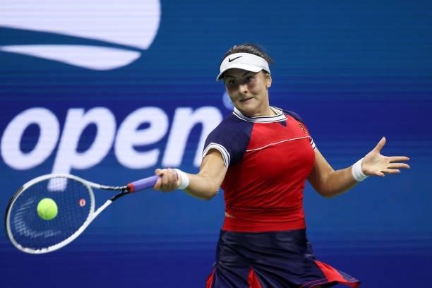 Bianca Andreescu of Canada returns the ball against Maria Sakkari of Greece during her Women’s Singles round of 16 match on Day Eight of the 2021 US...