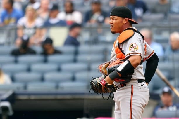 Pedro Severino of the Baltimore Orioles in action against the New York Yankees during a game at Yankee Stadium on September 5, 2021 in New York City.