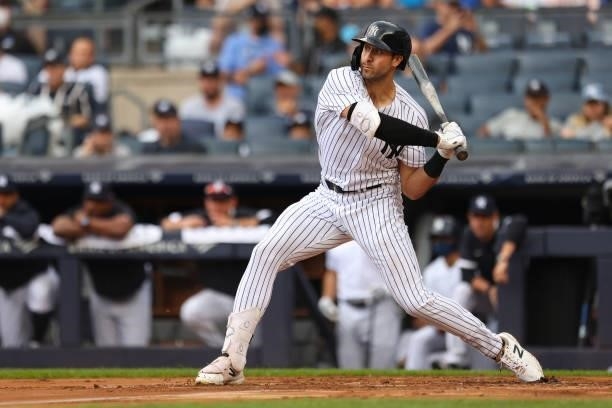 Joey Gallo of the New York Yankees in action against the Baltimore Orioles during a game at Yankee Stadium on September 5, 2021 in New York City.