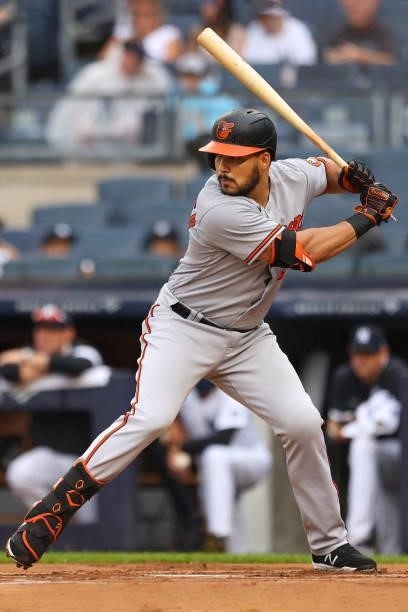 Anthony Santander of the Baltimore Orioles in action against the New York Yankees during a game at Yankee Stadium on September 5, 2021 in New York...