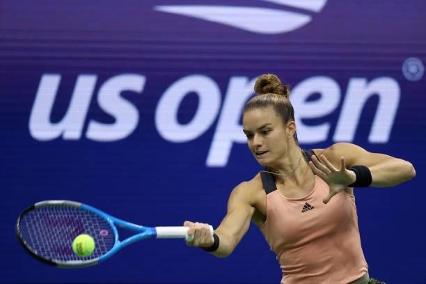 Maria Sakkari of Greece returns the ball against Bianca Andreescu of Canada during her Women’s Singles round of 16 match on Day Eight of the 2021 US...
