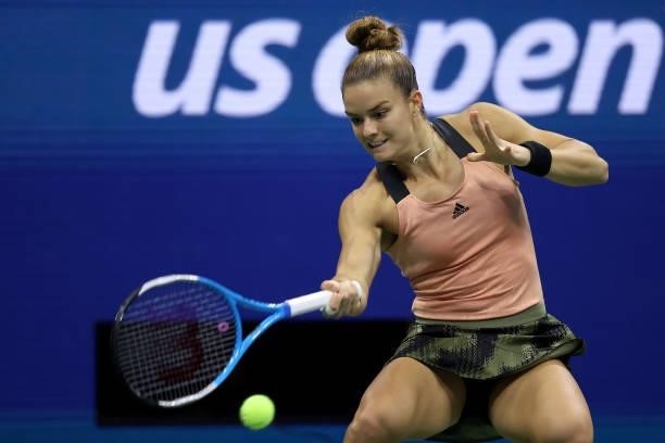 Maria Sakkari of Greece returns the ball against Bianca Andreescu of Canada during her Women’s Singles round of 16 match on Day Eight of the 2021 US...