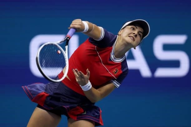 Bianca Andreescu of Canada serves the ball against Maria Sakkari of Greece during her Women’s Singles round of 16 match on Day Eight of the 2021 US...