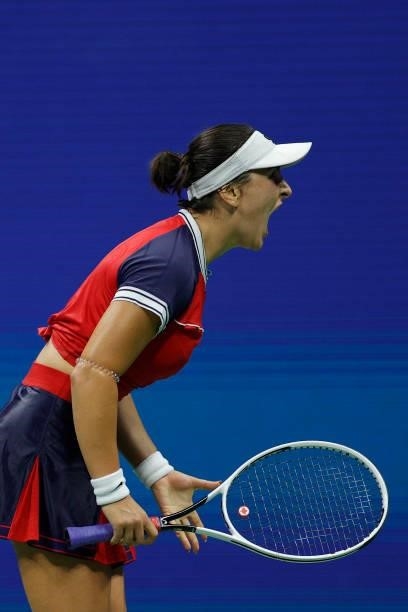 Bianca Andreescu of Canada reacts as she plays against Maria Sakkari of Greece during her Women’s Singles round of 16 match on Day Eight of the 2021...