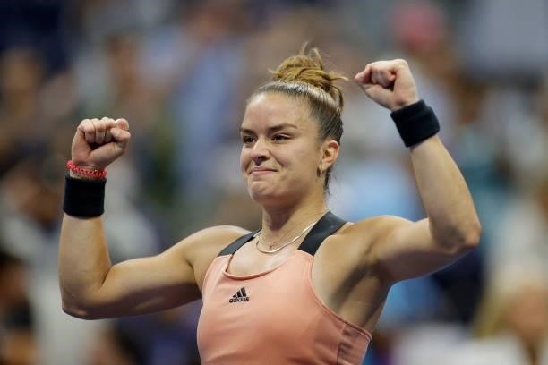 Maria Sakkari of Greece celebrates defeating Bianca Andreescu of Canada during her Women’s Singles round of 16 match on Day Eight of the 2021 US Open...