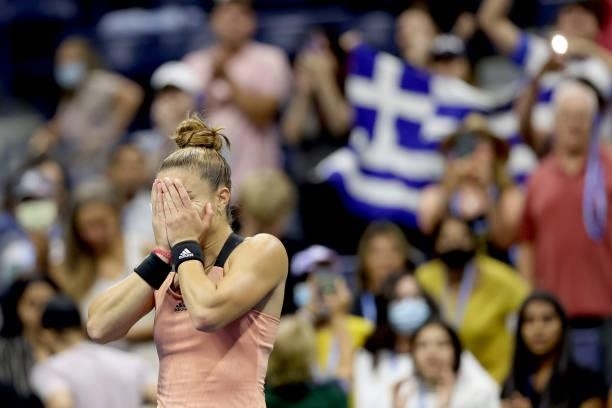Maria Sakkari of Greece reacts after defeating Bianca Andreescu of Canada during her Women’s Singles round of 16 match on Day Eight of the 2021 US...
