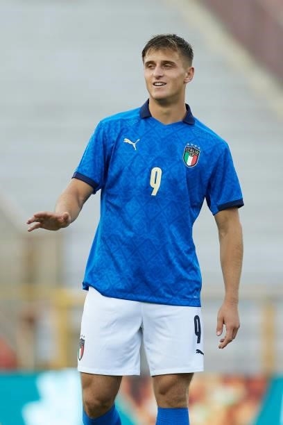 Lorenzo Colombo of Italy smiles during the UEFA European Under-21 Championship Qualifier between Italy U21 and Montenegro U21 at Stadio Romeo Menti...