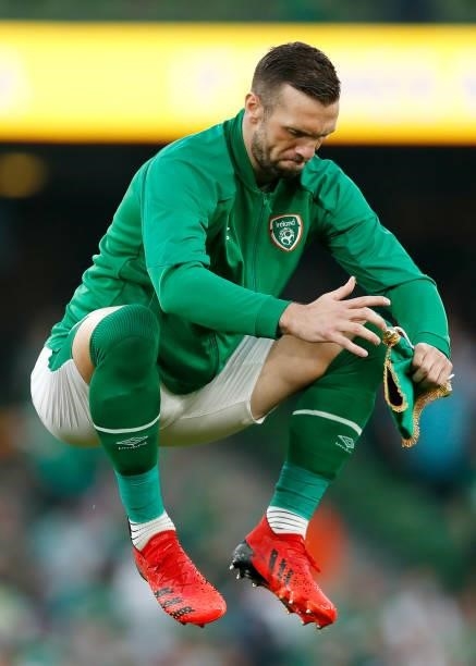Shane Duffy of Republic of Ireland jumps as he lines up for the national anthem prior to the 2022 FIFA World Cup Qualifier match between Republic of...