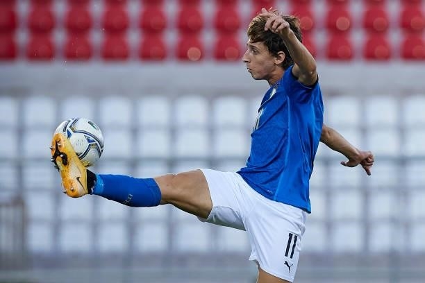 Samuele Mulattieri of Italy controls the ball during the UEFA European Under-21 Championship Qualifier between Italy U21 and Montenegro U21 at Stadio...