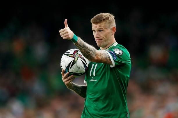 James McClean of Republic of Ireland gestures as he prepares to take a throw in during the 2022 FIFA World Cup Qualifier match between Republic of...